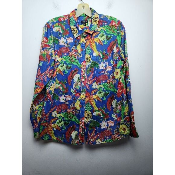 Talbots Blue & Multicolor Tropical Floral Cotton Button Up Shirt size Large P. - Picture 1 of 7